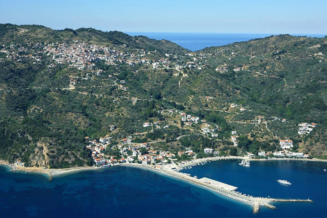 aerial photo of glossa in skopelos island and the port